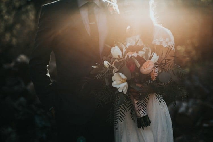 A wedding bouquet in golden evening light